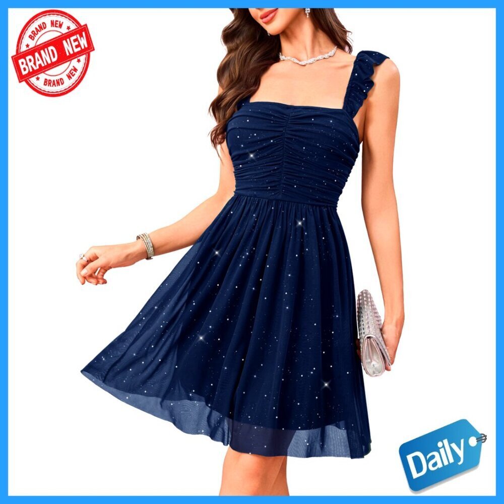 Sparkly Sequin Cocktail Dress Ruffle Strap Ruched Chic Party Wear